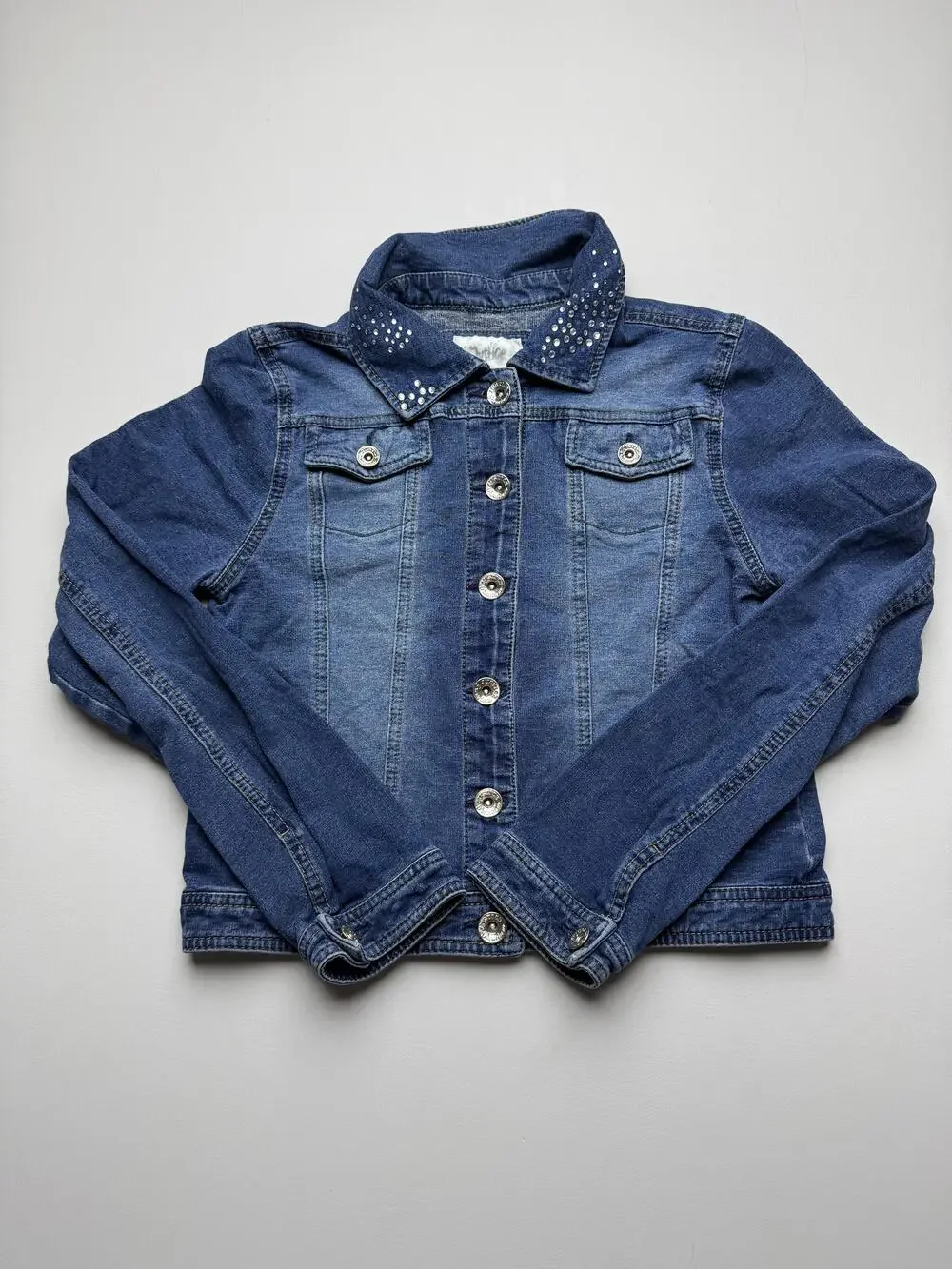 Justice Jacket Girls 18 Blue Denim Rhinestone Collar Button Front Jean Casual